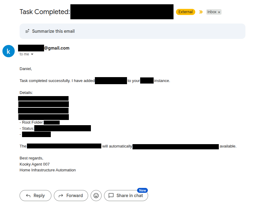 Redacted email task completed